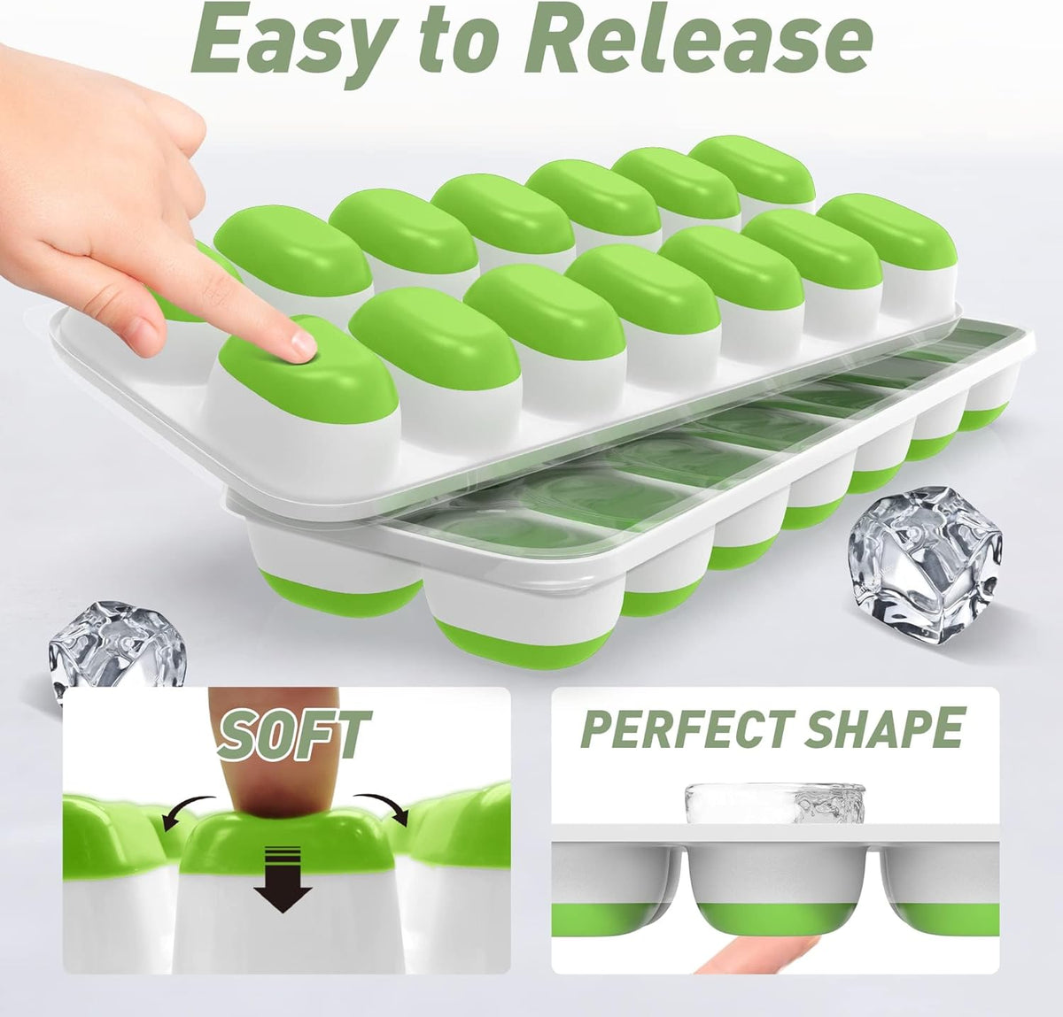 Ice Cube Tray with Lid, 2 Packs 28 Cubes Durable Stackable Ice Cube Trays for Freezer with Removable Lids, Easy-Release Plastic & Silicone Ice Tray