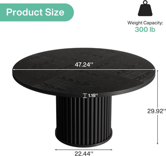 Tribesigns 47.24-Inch Black Round Dining Table for 4-6 People, Modern Fluted MDF + Metal Base Kitchen Table, Sturdy Circle Dining Room Furniture