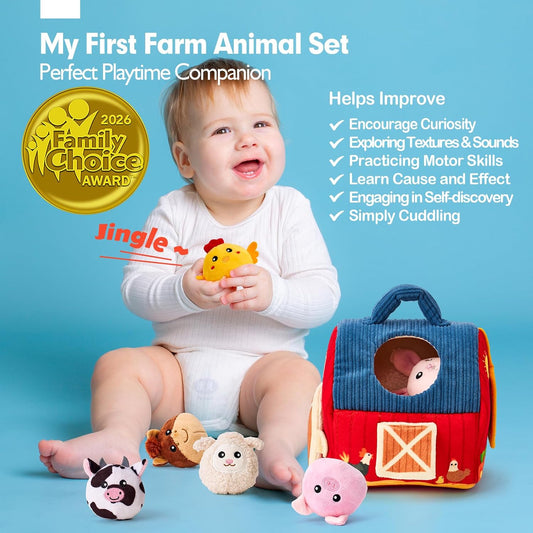 hahaland Baby Toys 6-12 Months - Surprise Barn Stuffed Farm Animals, Rattle, Crinkle, Mirror, Montessori Toys for 6 Month Old Babies Sensory Balls