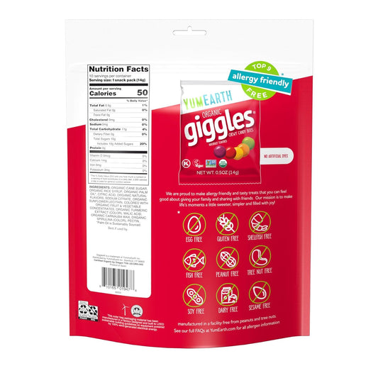 YumEarth Organic Giggles Chewy Candy - Allergy Friendly (Top 9 Free), No Artificial Dyes, Non GMO, Gluten Free, Vegan - Individually Wrapped Fruity