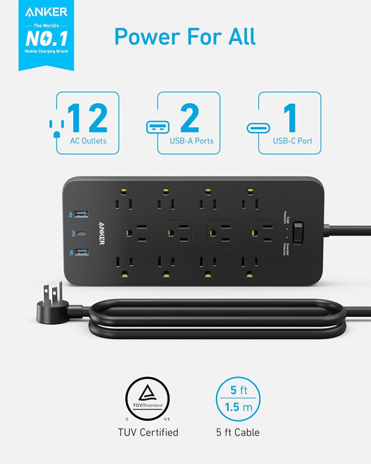 Anker Power Strip Surge Protector (2100J), 12 Outlets with 2 USB A and 1 USB C Port for Multiple Devices, 5ft Extension Cord, 20W Power Delivery