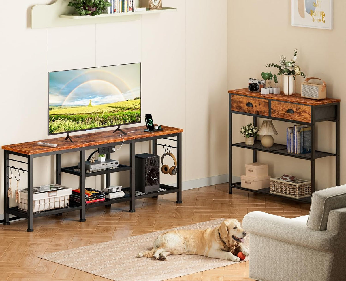 Furologee TV Stand with Power Outlets, Entertainment Center with Open Storage Shelves for TVs up to 55 Inch, Media Console Table with Soundbar Shelf