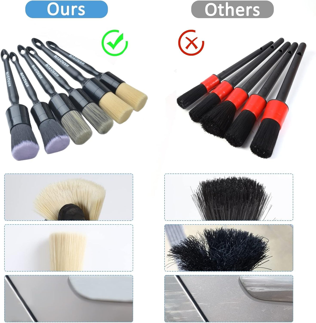 6pcs Car Detailing Brush Set-2pcs Boars Hair Car Detailing Brushes,2pcs Ultra Soft No Scratch Detailing Brush for Air Vent,Leather Seat 2pcs Detail