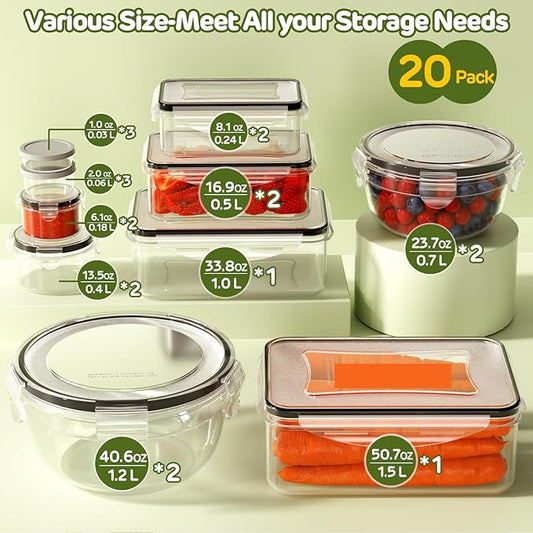 40 PCS Food Storage Containers with Lids Airtight (20 Lids &20 Containers) - Leakproof Meal-Prep Containers for Kitchen Storage Reusable Plastic