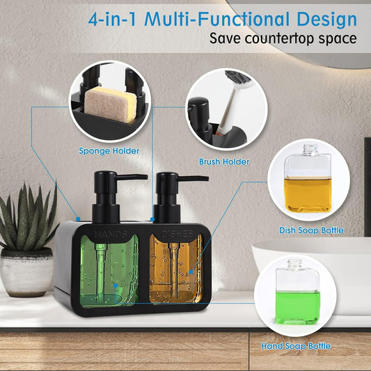 Kitchen Soap Dispenser Set, with Hand and Dish Soap, Sponge Caddy and Brush Holder 4-in-1 Kitchen Dual Soap Dispenser Set for Kitchen Sink, Bathroom