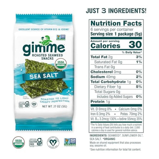 Gimme Seaweed Organic Premium Roasted Seaweed Snacks, Sea Salt, 6 Count, Keto, Vegan, Gluten-Free, Great Source of Omega3s and Iodine, Healthy