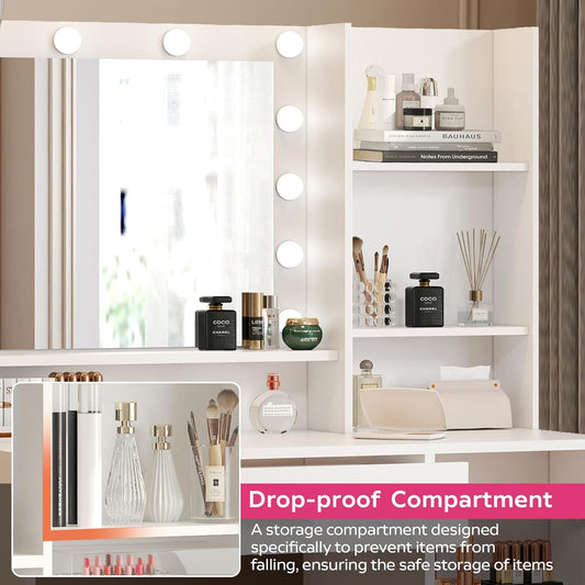 Vanity Desk with Mirror and Light, Large Drawer and Three Level Storage Dresser, 3 Lighting Modes Adjustable Brightness, Bedroom Dressing Table