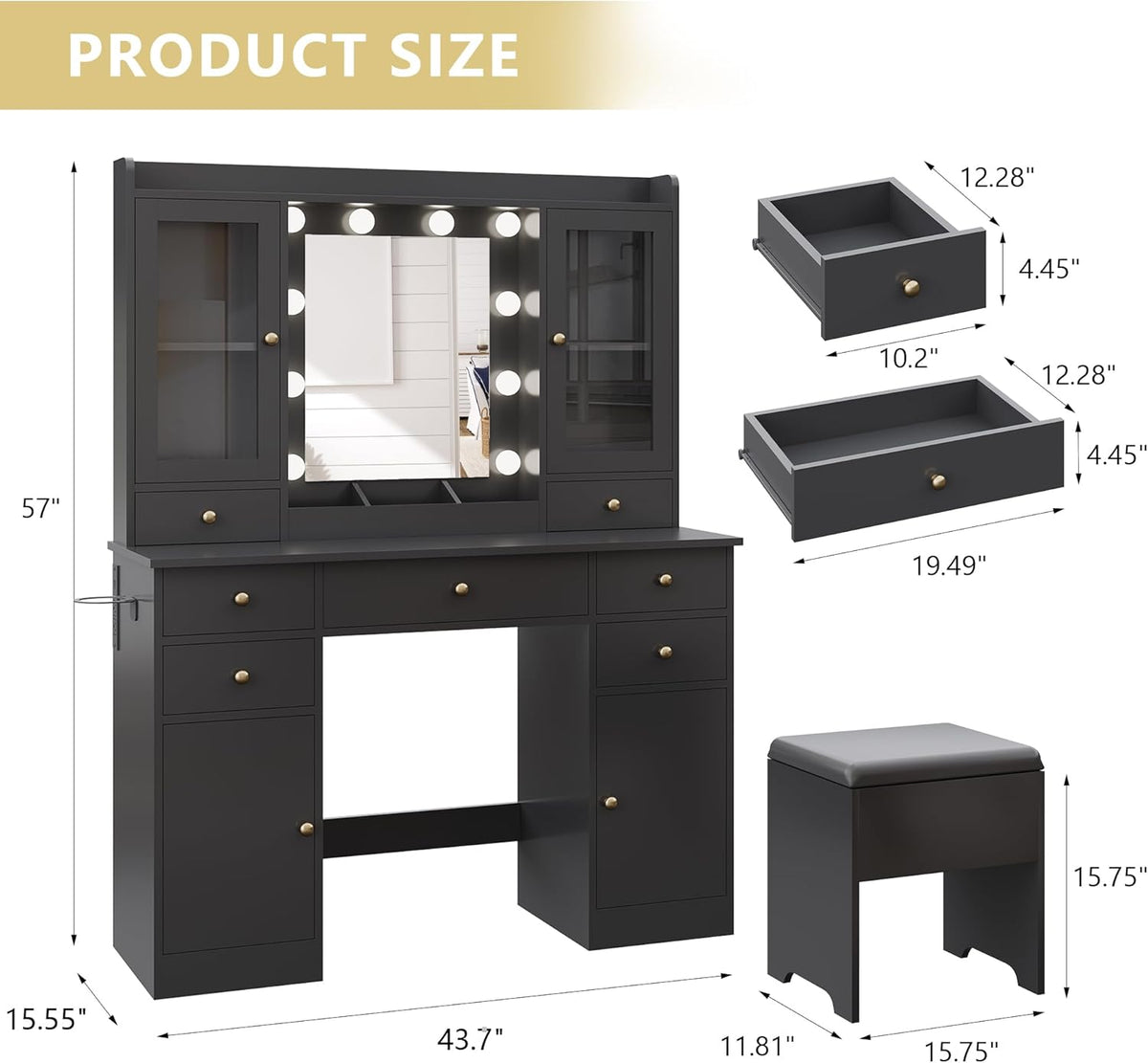 Makeup Vanity Desk with Mirror and Lights, Black Vanity Table Set with Storage Drawers, Charging Station, Cabinets & Chair, Large Dressing Table with