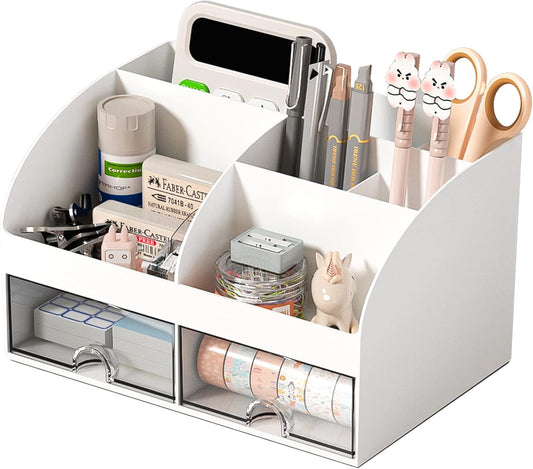 Desk Organizer with 6 Compartments and 2 Drawers, Plastic Makeup Organizer, Pen Holder for Desktop Storage, Desk Organization for School, Home