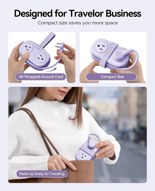 ORICO 4FT Purple Travel Power Strip with 4 AC Outlets, 2 USB-A Ports, and 1 USB-C Port, 45° Flat Plug Extension Cord with Non Surge Protector