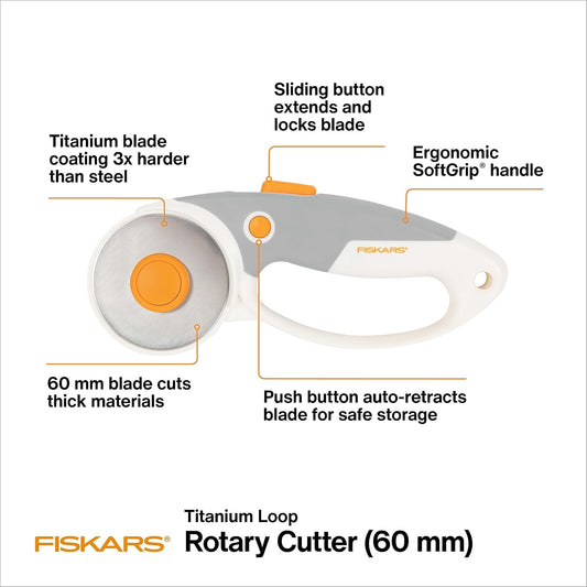 Fiskars 60mm Rotary Cutter for Fabric with Ergonomic Loop Grip And Comfort Handle, Titanium Rotary Fabric Cutter for Thick Materials, Easy and Safe