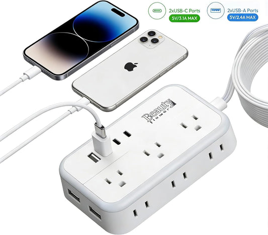 6 Ft Surge Protector Power Strip - 8 Widely Outlets with 4 USB Ports, 3 Side Outlet Extender with 6 Feet Extension Cord, Flat Plug, Wall Mount, Desk