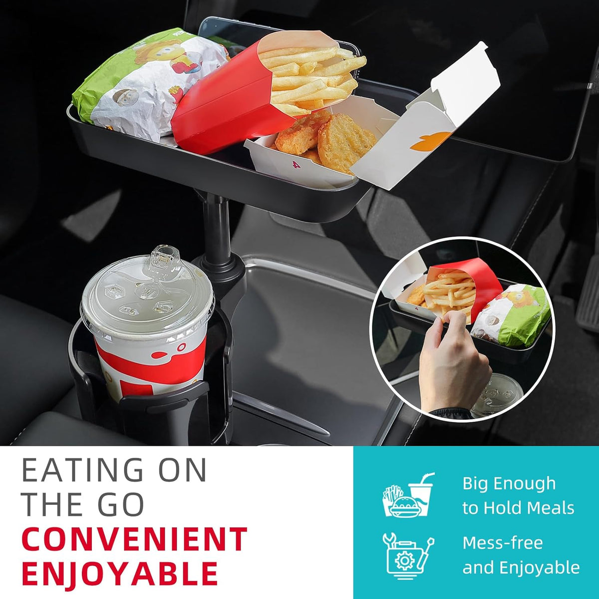 DYLEN Car Cup Holder Tray, Cup Holder Expander Adapter for Car, 9.5” Detachable Car Food Tray Table for Eating, Road Trip Essentials Fits Yeti, Hydro