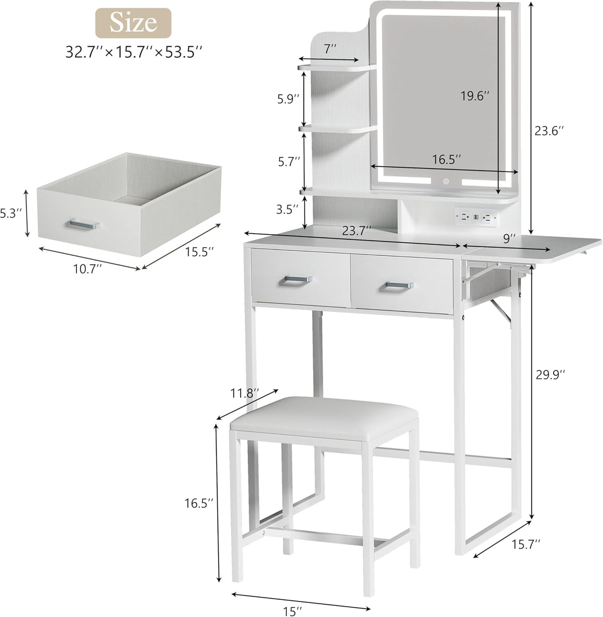Makeup Vanity Desk with Mirror and Lights, Small Vanity with Fabric Storage Drawer & Chair & Shelves, White Vanity with Fold-up Panel and Power