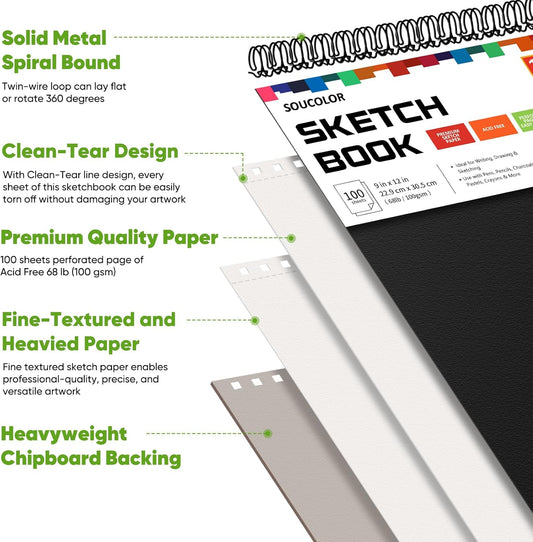 Soucolor Sketch Book, Spiral Bound Acid-Free Sketchbook with 68lb/100gsm for Paper Painting, Drawing, Writing, Artist Sketching Pad for Kids, Adults