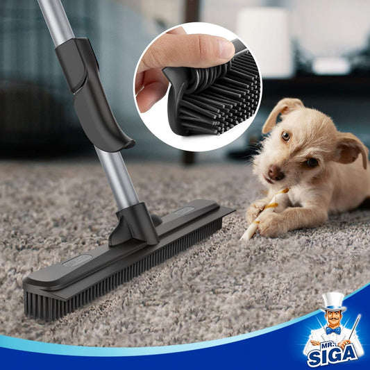 MR.SIGA Pet Hair Removal Rubber Broom with Built in Squeegee, 3 in 1 Floor Brush for Carpet, 61 inch Adjustable Handle, Includes 1 Microfiber Cloth