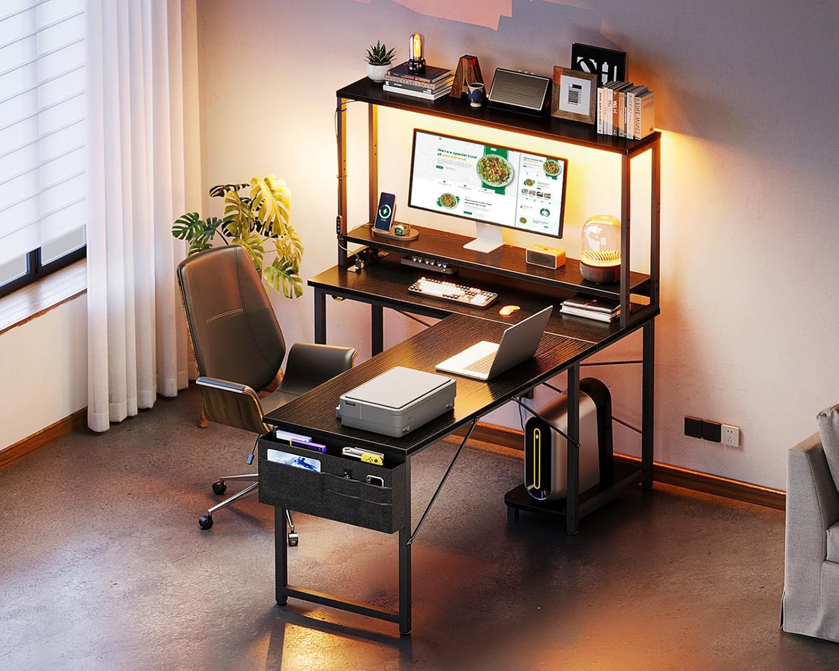 ODK 53 Inch L Shaped Desk with LED Lighting, Reversible Gaming Desk with Power Outlets, Cornor Computer Table with Storage Shelves & Bag & Iron Hook