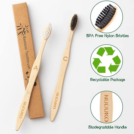 Bamboo Toothbrushes Biodegradable Toothbrush 10 Pack - Eco-Friendly, Natural Wooden Tooth Brush, BPA Free Travel Size Organic Soft Bristle