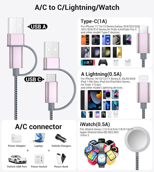 Temdan for Travel Essentials,3 in 2 USB C Cable for Apple Watch Charger/iPhone 17 Charger/Lightning,Multi Charging Cable Cord,Vacation Camping
