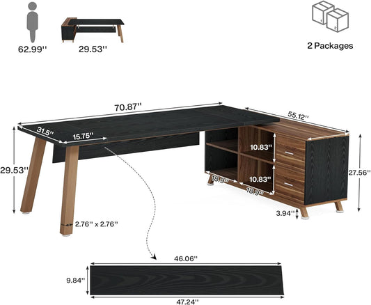 Tribesigns 78.7-Inch Executive Desk, L-Shaped Desk with 55-Inch Cabinet, Large Office Desk with Storage Shelves, Modern Computer Desk for Home