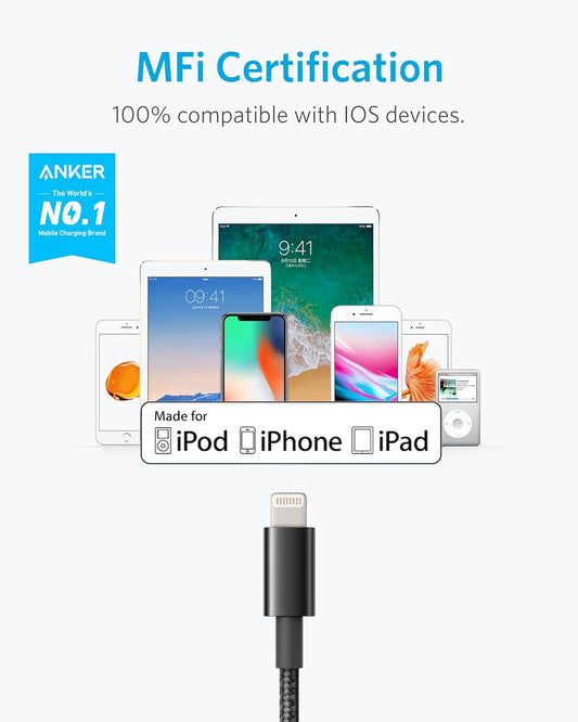 Anker 6 ft Premium Double-Braided Nylon Lightning Cable, Apple MFi Certified for iPhone Chargers, iPhone X/8/8 Plus/7/7 Plus/6/6 Plus/5s, iPad, iPad