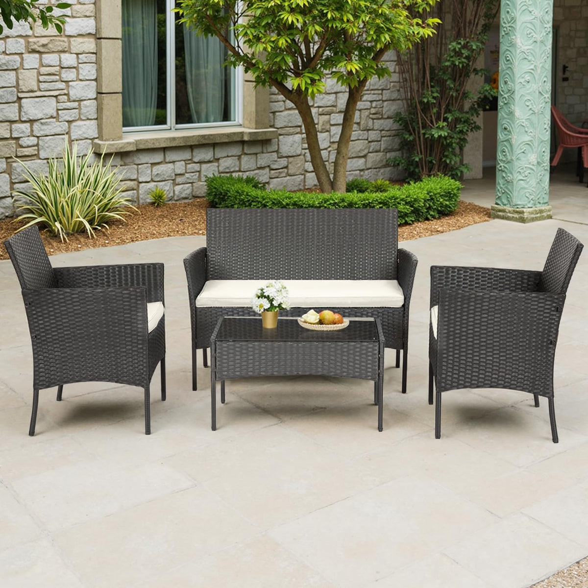 FDW | 4-Piece Patio Furniture Set | Black | Outdoor Wicker Furniture with Coffee Table | Modern Rattan Chairs Conversation Set | Outdoor Seating