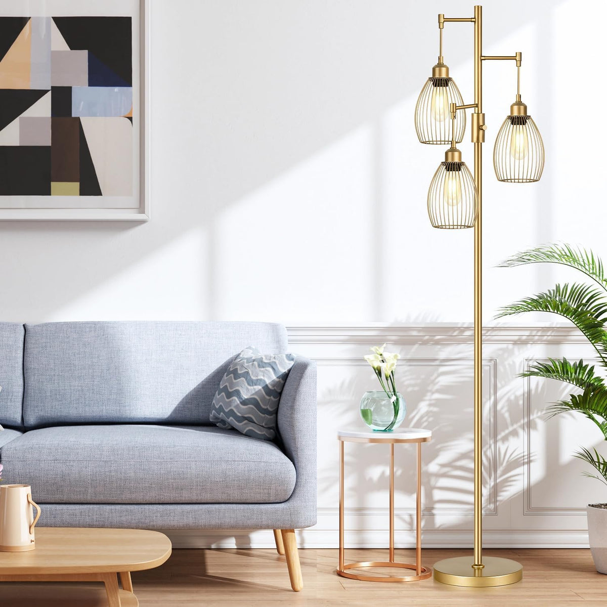 Dimmable Floor Lamp, Industrial Floor Lamps for Living Room, Gold Tree Lamp Standing Lamp Tall Lamps with 3 Elegant Teardrop Cage Head & 800 Lumens
