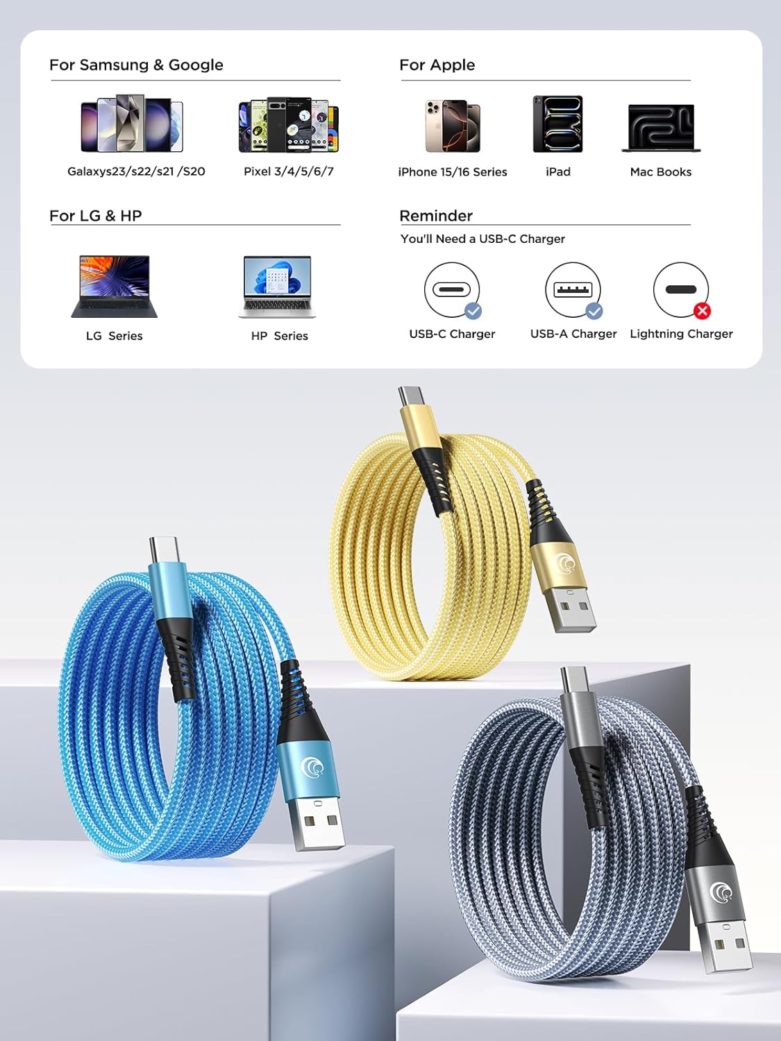 USB C Cable 10FT 3Pack Fast Charging Nylon Braided Long Type C Charger Cable for Samsung Galaxy S24 S23 S22 S21 S10 S9 S8 A02s A03s A11 A12 A13 A14
