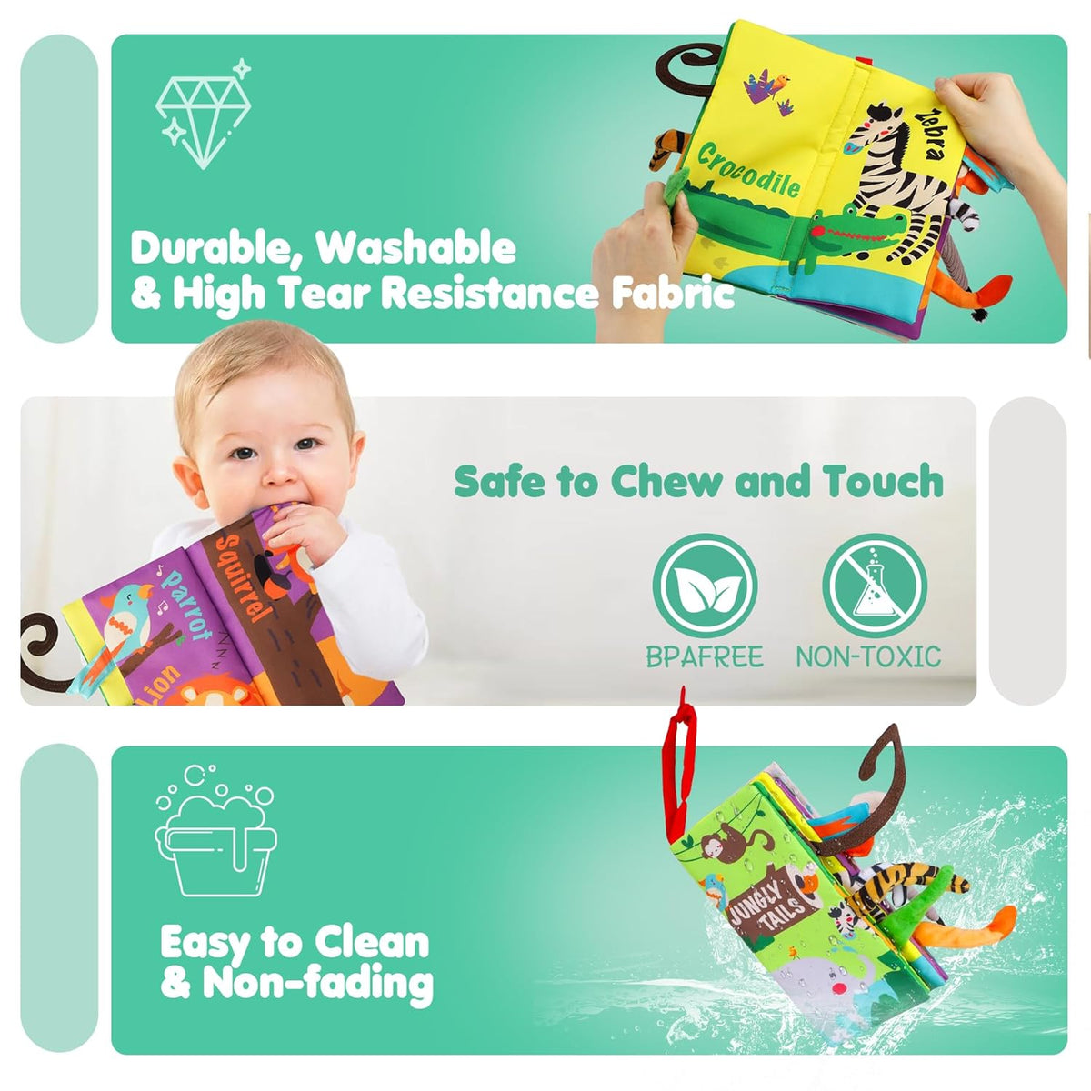 beiens Baby Books Toys, Touch and Feel Crinkle Cloth Book for Infant Baby 0-3-6-12-18 Months, Early Development Interactive Stroller Soft Toys