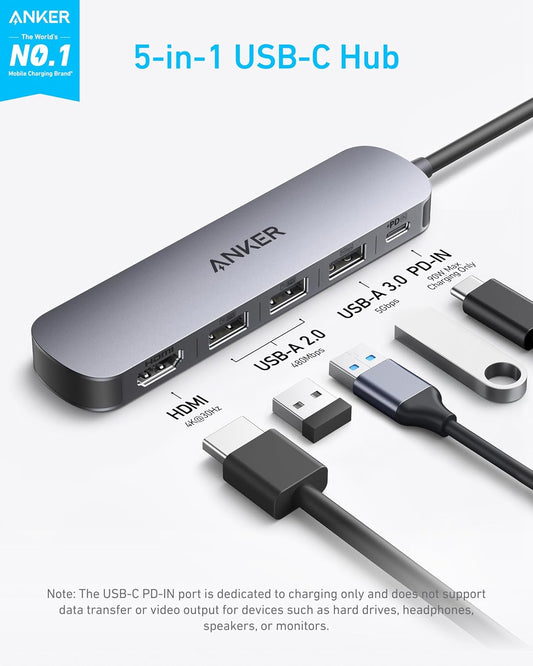 Anker USB C Hub, 5-in-1 USB Hub for Laptops, 4K HDMI Multiport Adapter with 90W Max Power Delivery, USBC & USBA Data Ports USB C Dongle, Compact for