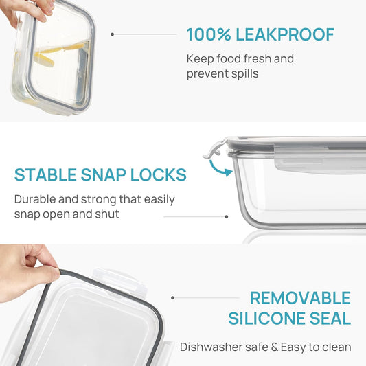 Vtopmart 2Pack 1860ml/63oz Large Glass Storage Containers with Lids, Meal Prep Food Container Set with Snap Airtight Lid for Baking, Microwave, Oven