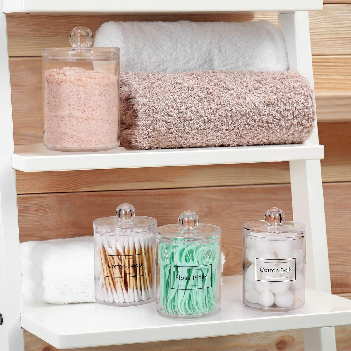 4 Pack Acrylic Qtip Holder Dispenser for Cotton Swabs, Balls, Pads, Floss Picks- Small Clear Plastic Canister Apothecary Jar Set, Bathroom Essentials