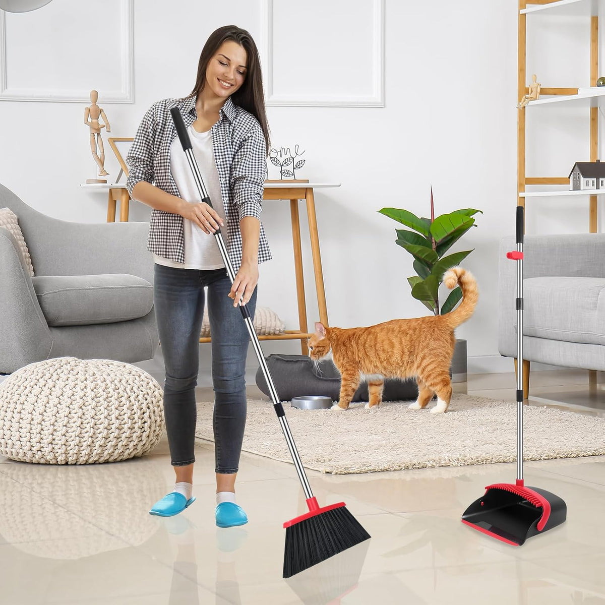 NACENA Broom and Dustpan Set, 52-in Long Adjustable Handle Broom Dustpan Combo with Dustpan Teeth to Automatically Clean Hair Suitable for Home