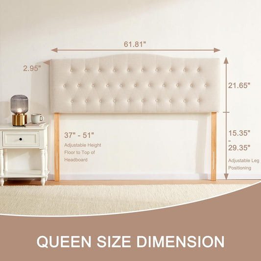 Tufted Upholstered Headboard Queen Size, Sturdy and Durable Solid Wood Bed headboard, Fabric Headboard Adjustable Height from 37” to 51”, Modern