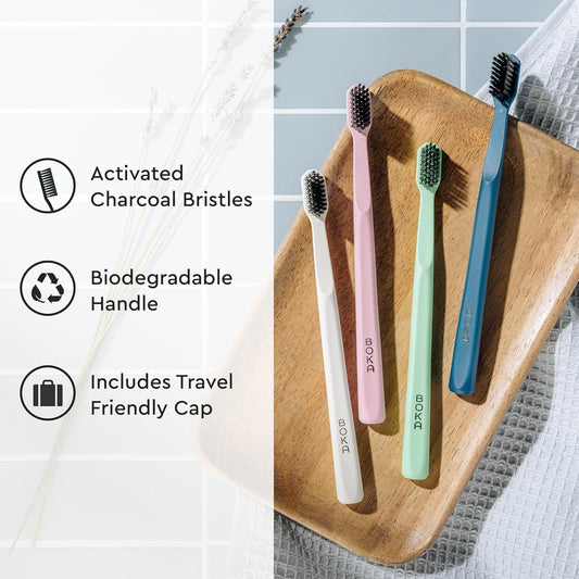 Boka Classic Manual Toothbrush with Extra Soft Activated-Charcoal, Tapered Bristles, Bioplastic Handle That Includes Travel Cap, Dentist-Approved