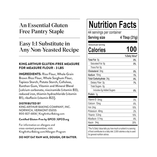 King Arthur Measure for Measure Gluten-Free Flour: All-Purpose 1:1 Substitute for Wheat Flour, Non-GMO, Kosher Certified, 3 lbs Bag for Baking