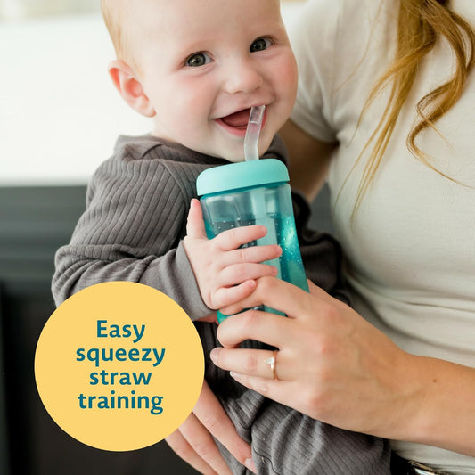 The First Years Squeeze & Sip Toddler Straw Cups - Squeezable Transition Sippy Cup with Silicone Straw - Toddler Feeding Supplies - 7 Oz - 3 Count