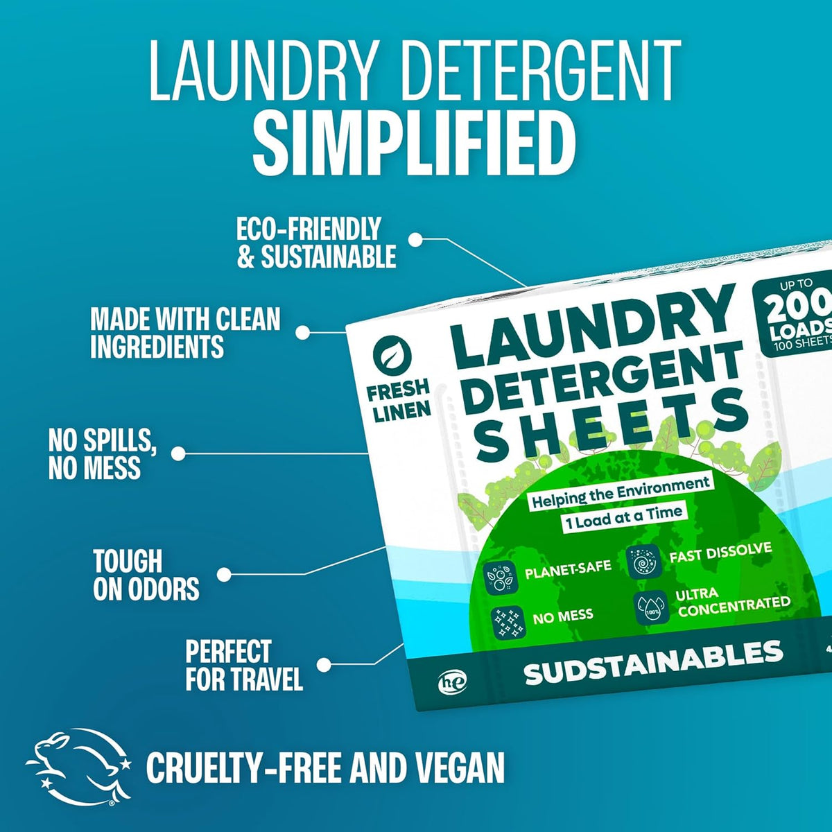 Sudstainables Laundry Detergent Sheets (200 Loads) – Eco-Friendly, Zero Waste, Plastic-Free Laundry Washing Machines Soap Sheets; Dissolvable