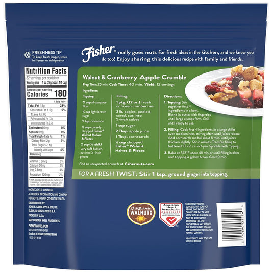 Fisher Chef's Naturals Walnut Halves & Pieces 2 lb, 100% California Unsalted Walnuts for Baking & Cooking, Healthy Snacks for Adults, Resealable Bag