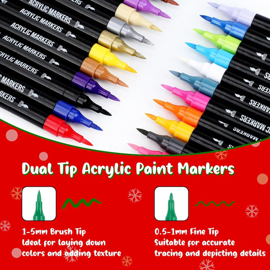 24 Colors Acrylic Paint Markers, Dual Tip with Fine Tip and Brush Tip Pens for Stone, Wood, Calligraphy, Canvas, Ceramic, Metal, Glass, Rock
