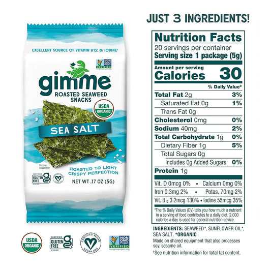 Gimme Seaweed Organic Premium Roasted Seaweed Snacks, Sea Salt, 20 Count, Keto, Vegan, Gluten-Free, Great Source of Omega3s and Iodine, Healthy