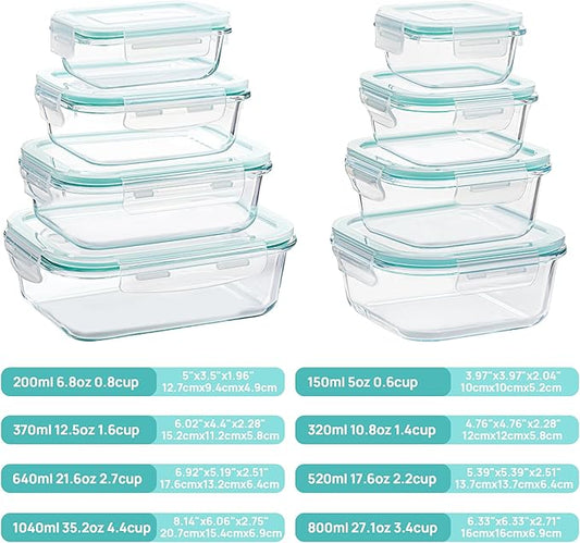 Vtopmart 8 Pack Glass Food Storage Containers with Airtight Lids, Glass Meal Prep Containers, Lunch Office Meal for Microwave, Oven, Freezer and