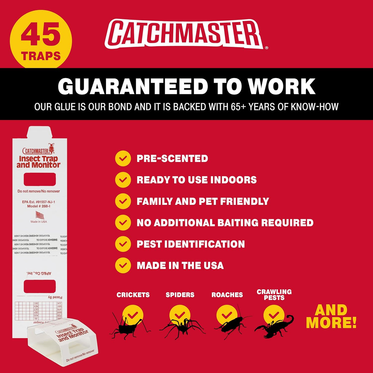 Catchmaster Spider & Insect Glue Traps 45-Pk (15 Sheets), Adhesive Cockroach Killer Glue Boards, Cricket Sticky Traps, Indoor Roach & Bug Catcher for