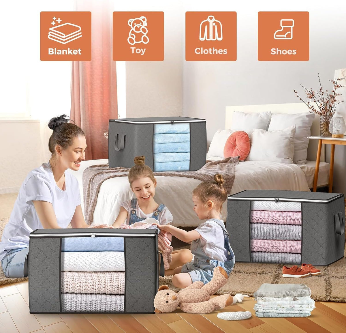 90 L Large Storage Bags, 6 Pack Clothes Storage Bins Foldable Closet Organizers Storage Containers with Reinforced Handle for Clothing, Blanket