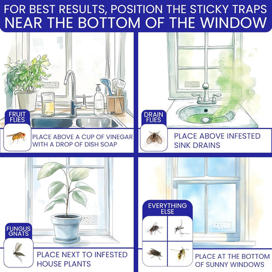 50 Window Fly Traps Sticky Non-Toxic Clear Fly Paper Indoor for Home. No Mess Flies Window Sticky Traps Bug Flies Strips Indoors. Fruit and Housefly