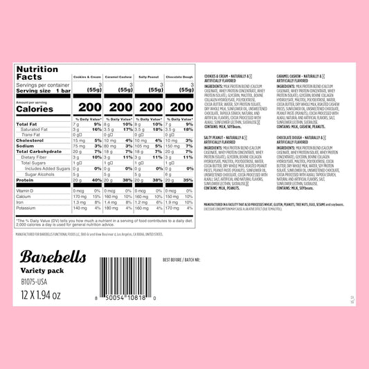 Barebells Protein Bars Variety Pack - 12 Count, 1.9oz Bars - Protein Snacks with 20g of High Protein - Chocolate Protein Bar with 1g of Total Sugars