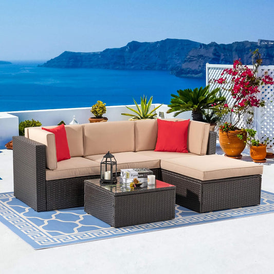 Vongrasig 5 Piece Patio Furniture Sets, Outdoor Patio Set Sectional Sofa, All-Weather PE Rattan Outdoor Couch with Ottoman, Glass Table for Garden