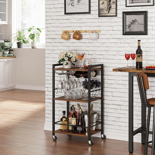 TUTOTAK Bar Cart, Home Bar Serving Cart with 3-Tier Shelf, Drink Cart with Wine Rack, Glass Holder, Rolling bar carts for The Home, Living Room