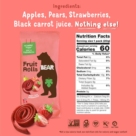 BEAR Real Fruit Snack Rolls - Gluten Free, Vegan, and Non-GMO - Strawberry – 36 Rolls, Healthy School And Lunch Snacks For Kids And Adults, 0.7 Ounce