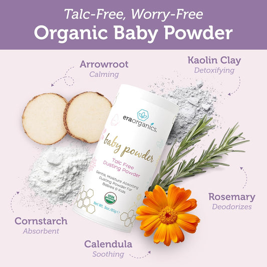 Era Organics Talc-Free Organic Baby Powder - USDA Organic Dusting Powder with Arrowroot, Calendula and Cornstarch for Newborns, Babies or Toddlers